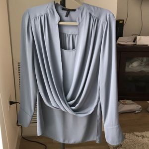 BCBG Mock-Wrap high- low blouse